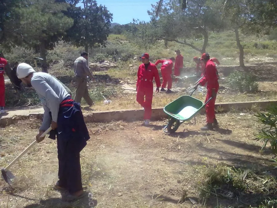 متطوعون بزي أحمر يزيلون الأعشاب في الجبل الأخضر